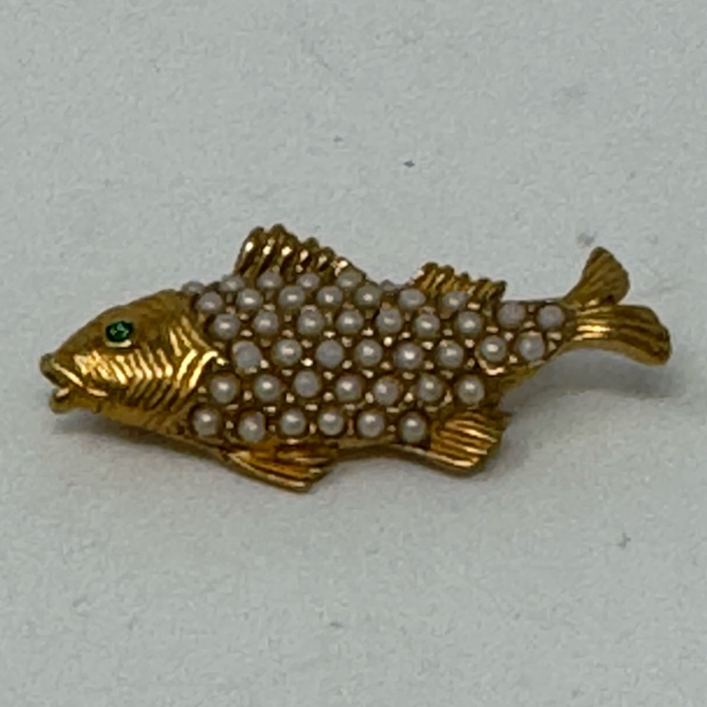 Ciner Fish Clear Rhinestone Pin Brooch Green Crystal Eye Gold Tone Signed